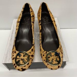 Tory Burch leopard print fur wedge